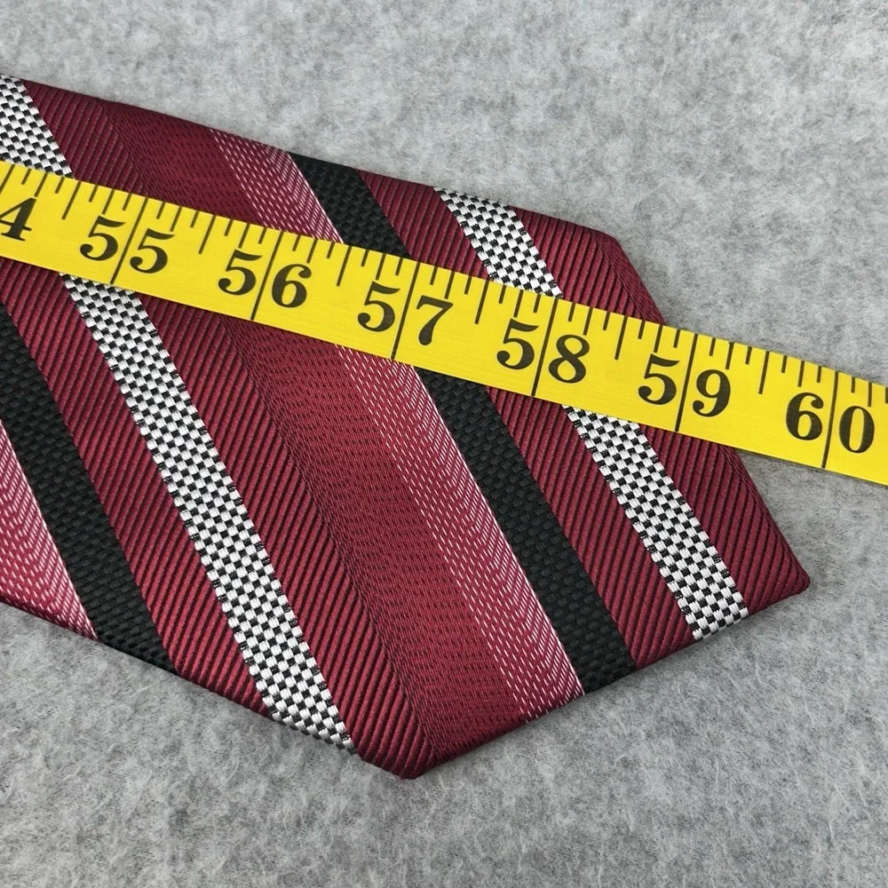 Mens 100% Silk Wide Striped Necktie Red Black White Self Tipped 60